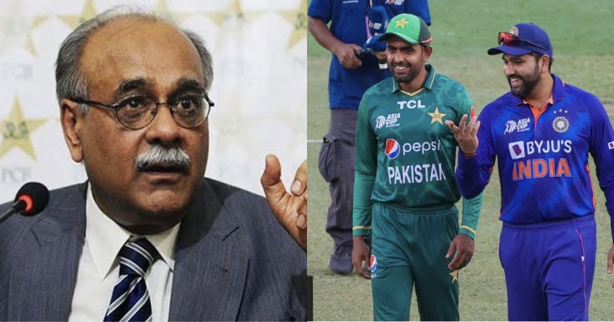 Najam Sethi (L) and Rohit Sharma & Babar Azam (R) {PC:AFP/Twitter}