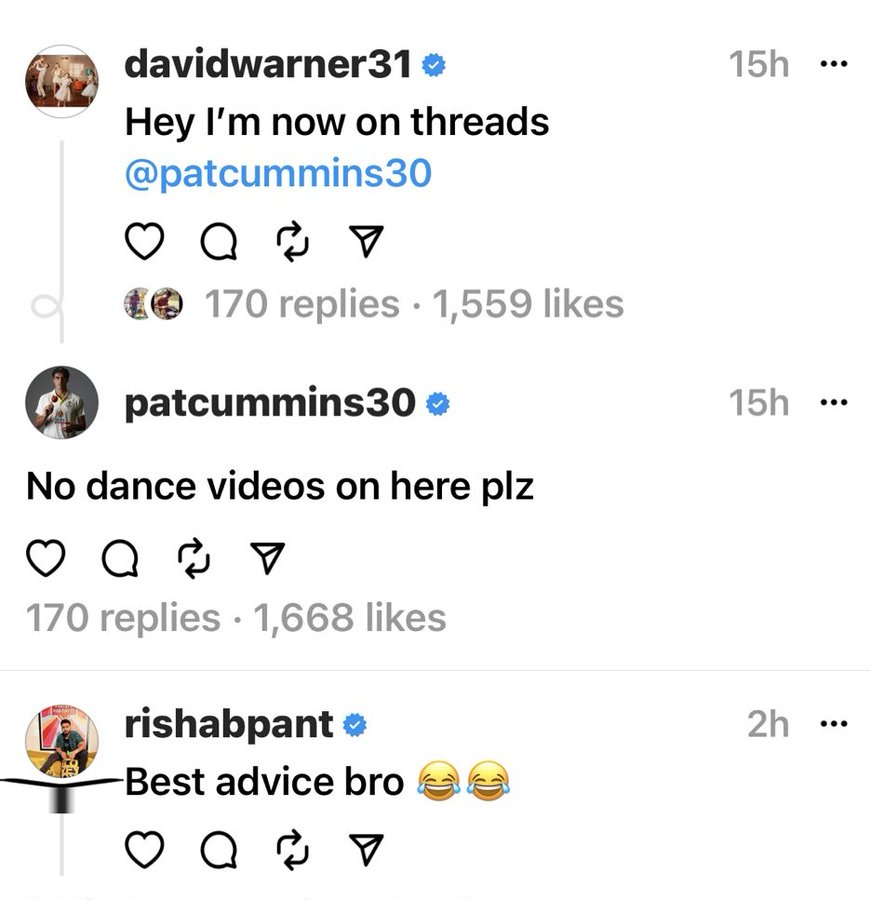 Pat Cummins and Rishabh Pant's comments on David Warner's post