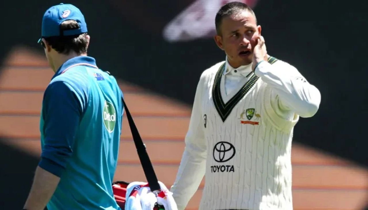 Usman Khawaja was struck on the jaw by Shamar Joseph