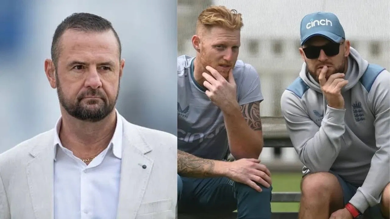 England's Brendon McCullum, Ben Stokes, Simon Doull