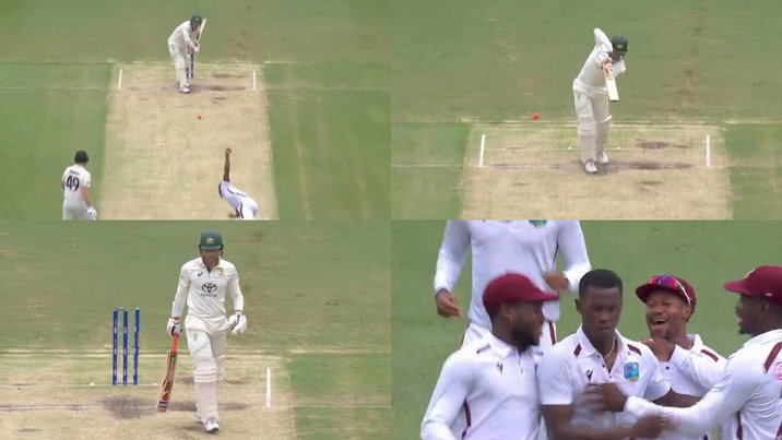 Watch Shamar Joseph knocks over Alex Carey with a sensational 145kph delivery