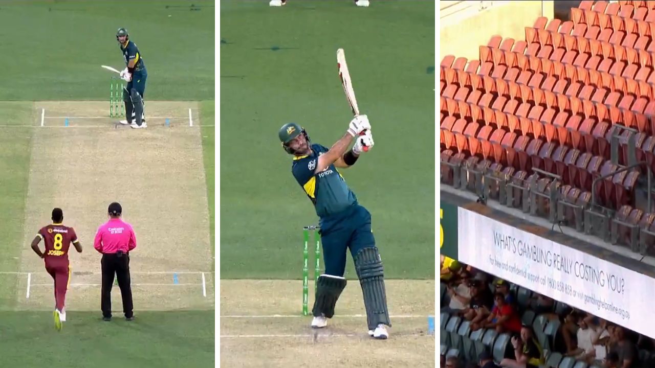 Glenn Maxwell smacks a monster six against Alzarri Joseph