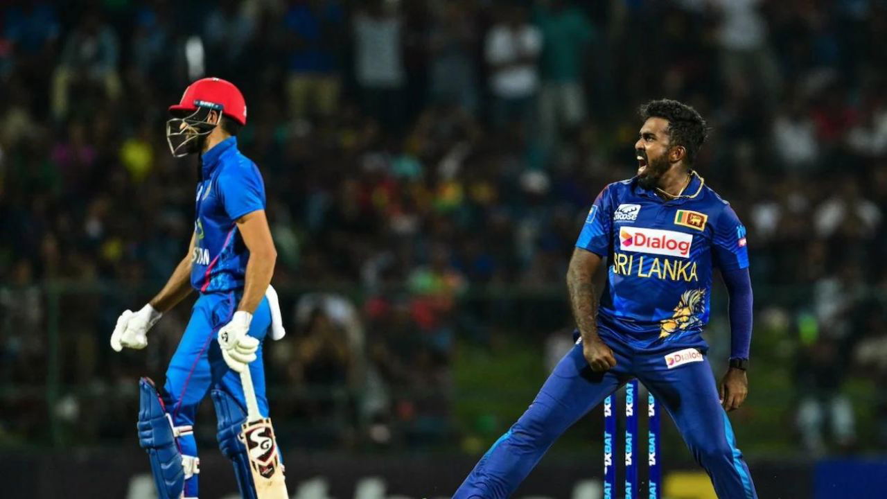 Sri Lanka leg spinner Wanindu Hasaranga roars after taking a wicket