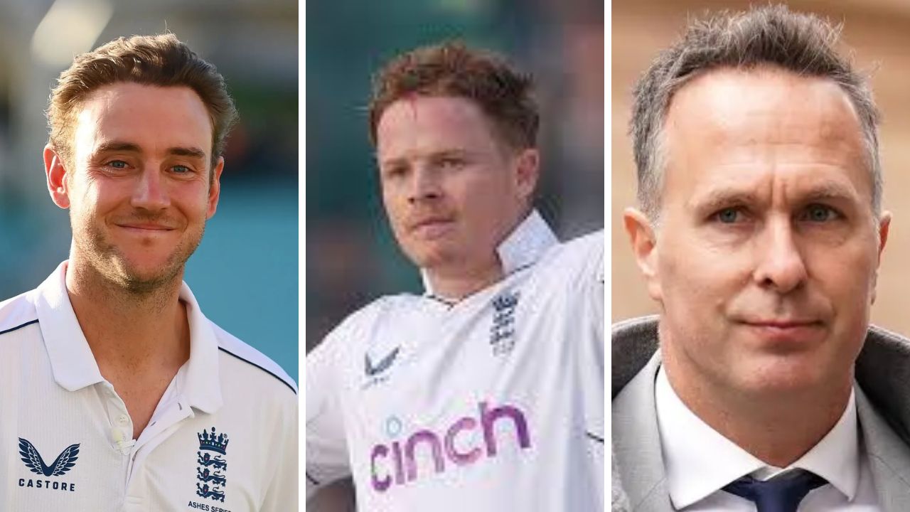 Stuart Broad, Ollie Pope and Michael Vaughan