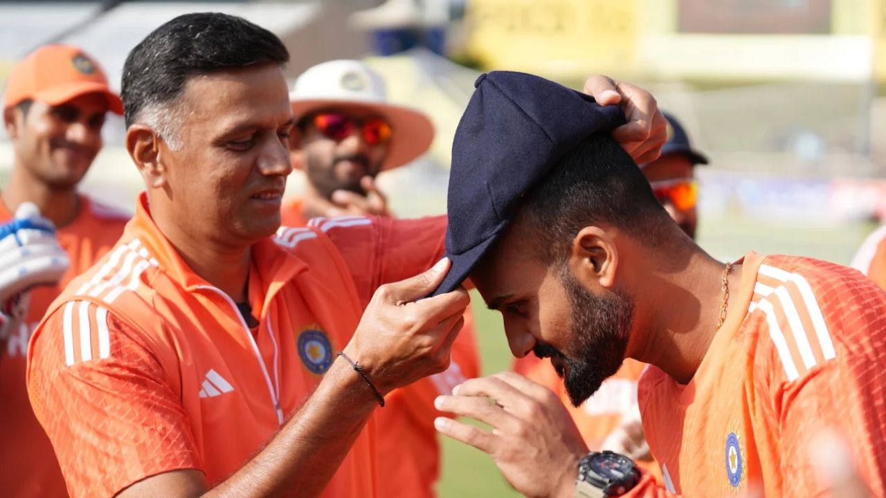 Rahul Dravid hands over debut cap to Akash Deep