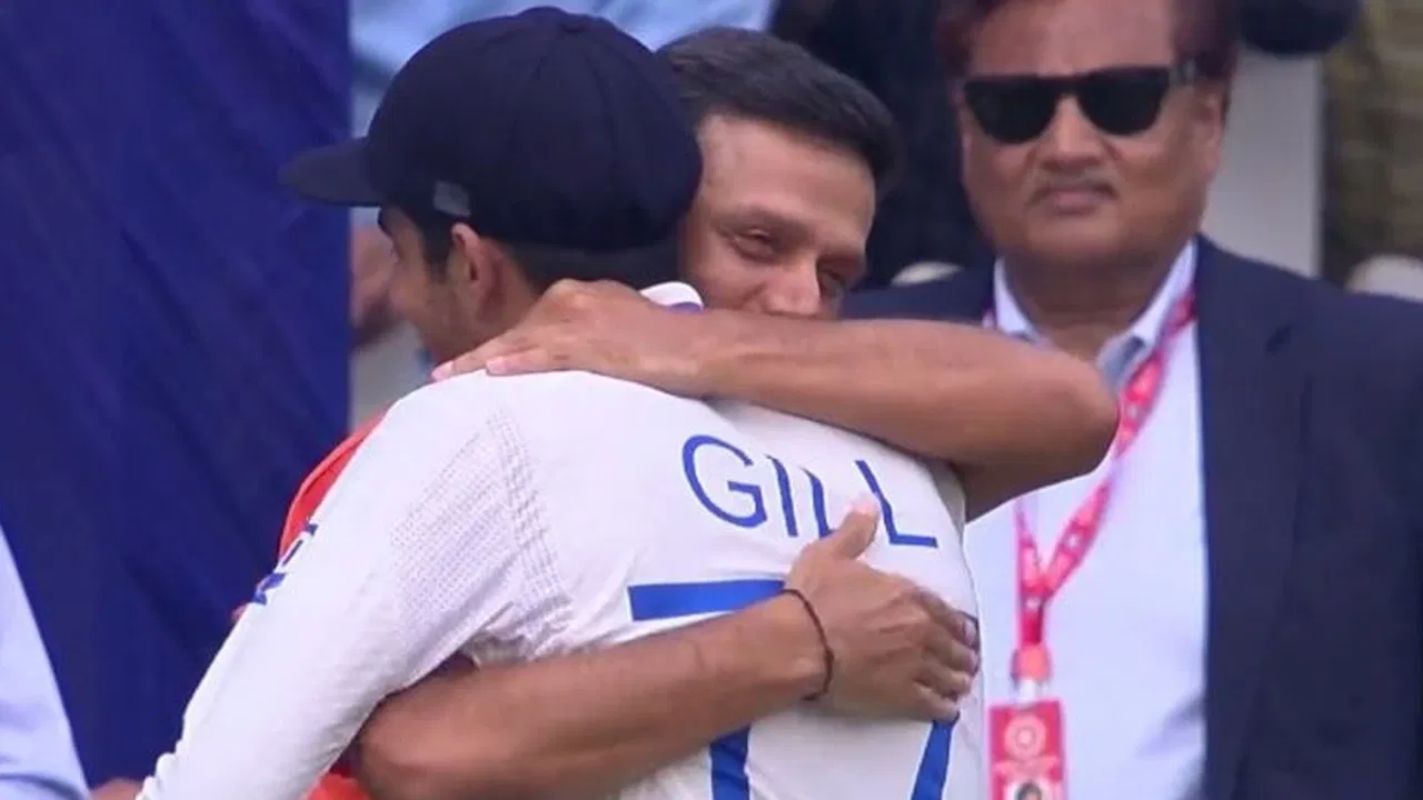 Rahul Dravid hugs Shubman Gill after the match