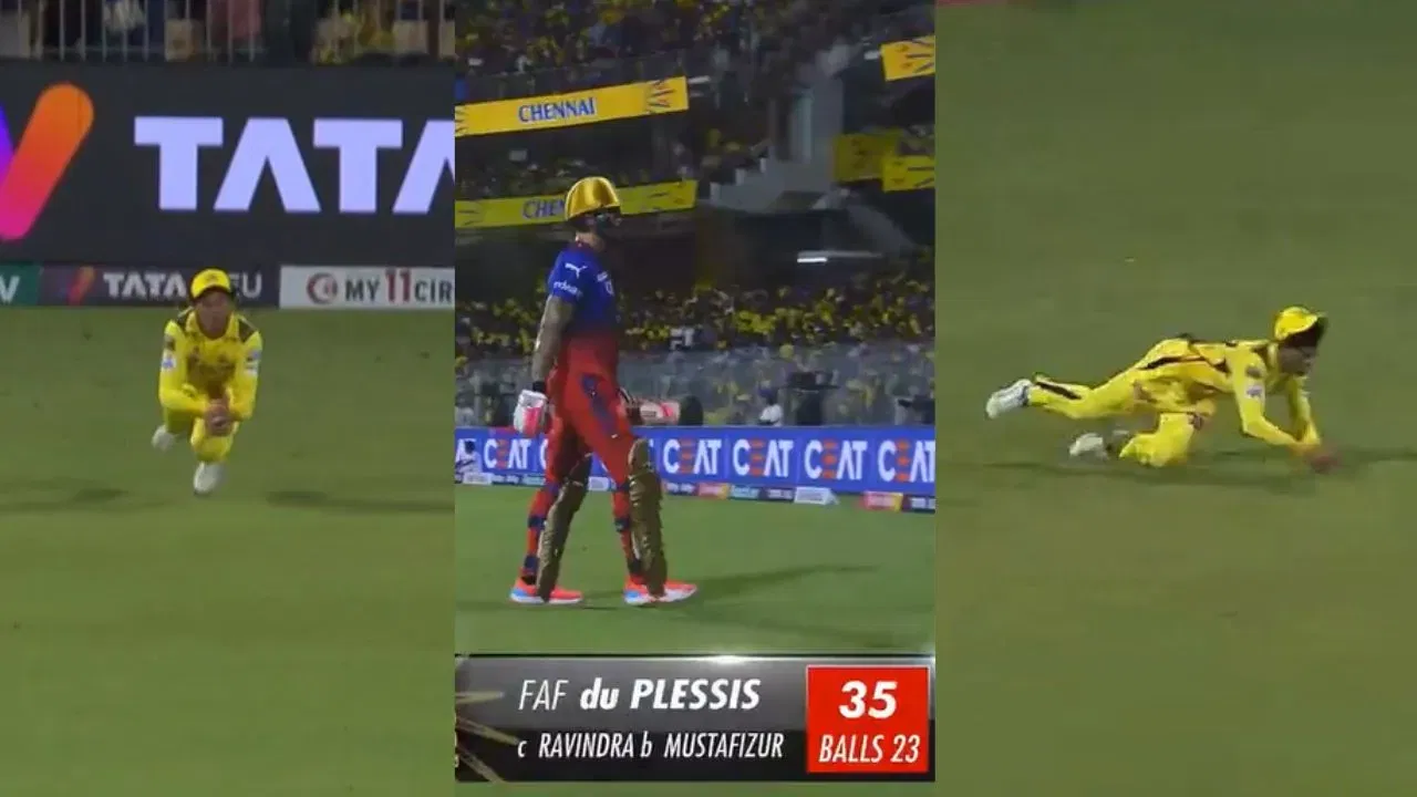 Rachin Ravindra takes stunner to dismiss Faf du Plessis