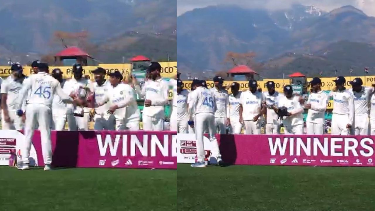 Rohit Sharma hands trophy to Sarfaraz Khan, Dhruv Jurel