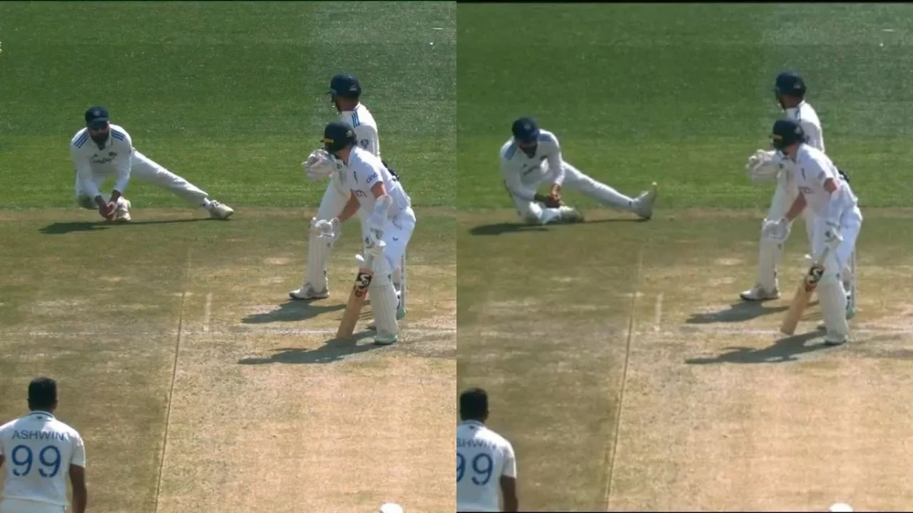 Rohit Sharma takes a stunner to remove Mark Wood